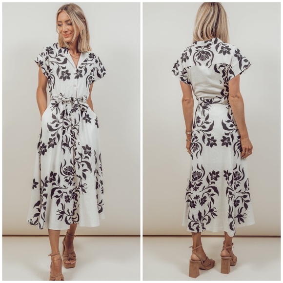 Miou Muse, Tiger Lily Floral Print Button-Down Linen Blend Midi Dress - Picture 10 of 16